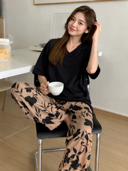 womens autumn winter 2pcs pajama set floral theme