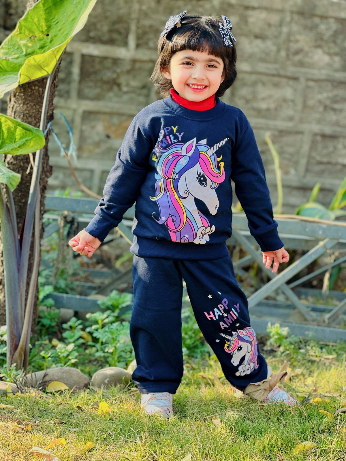 Navy Blue Happy Family Printed Fleece Winter Suit For Kids
