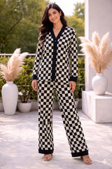 Black and white V-Neck Button Printed Night Suit