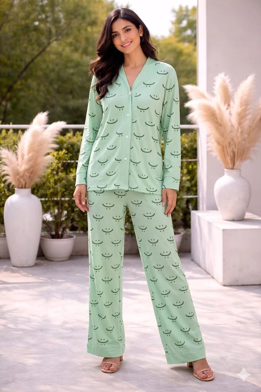 Green Smiley V-Neck Button Printed PJ Set For Her