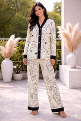 Off white V-Neck Button Printed Night Suit