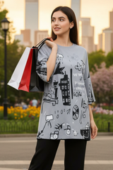 Grey Planet Music With Black Pajama Printed Night Suit