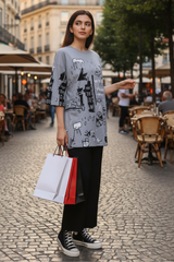 Grey Planet Music With Black Pajama Printed Night Suit