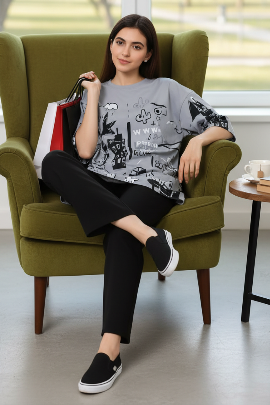 Grey Planet Music With Black Pajama Printed Night Suit