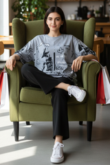 Grey Planet Music With Black Pajama Printed Night Suit